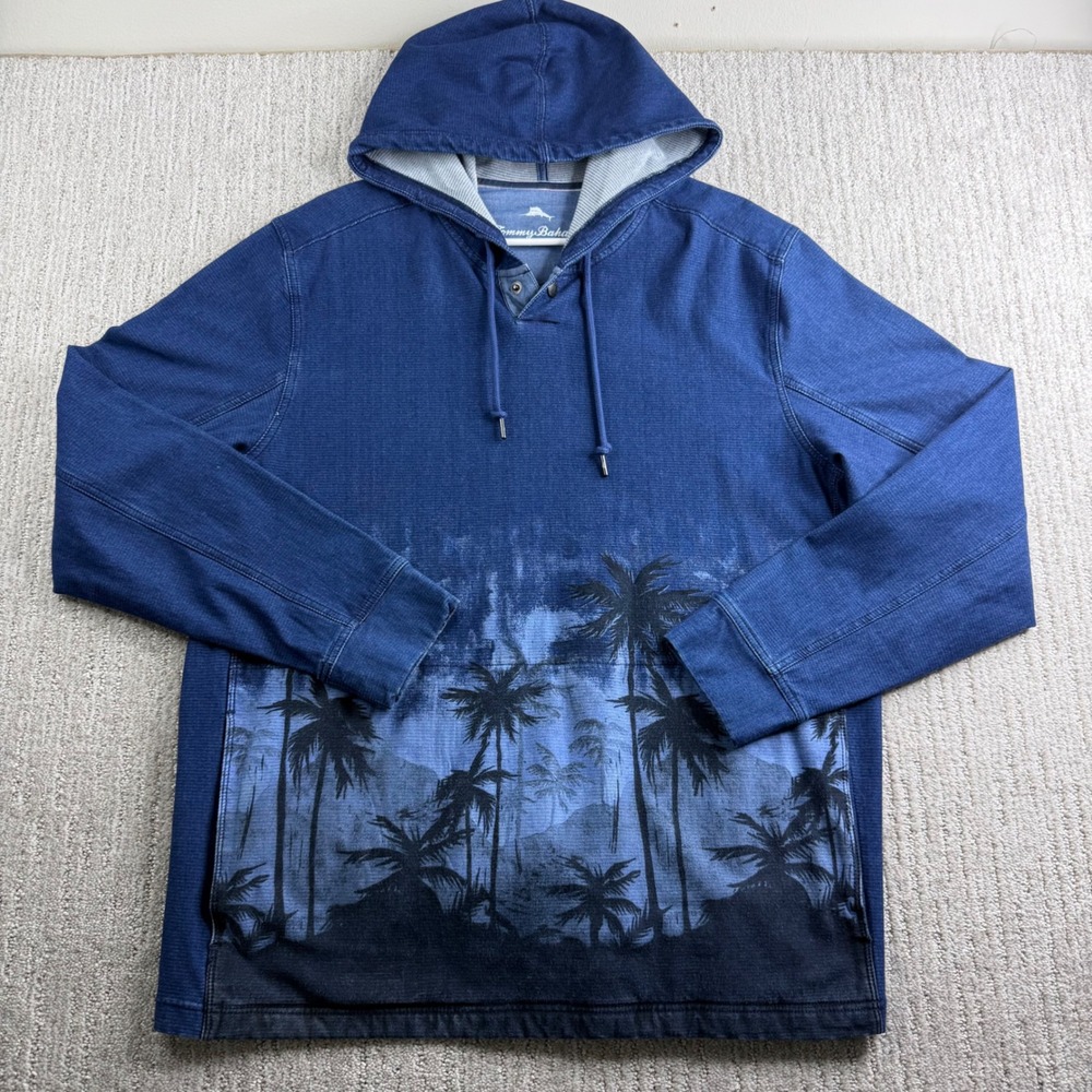 Tommy Bahama Palm Tree Graphic Hoodie Mens Size Large Blue Pullover Sweatshirt